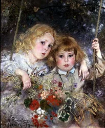 Portrett av Ernest og Beatrice Makins på en huske (panel)