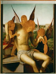 Pieta med tre engler, ca. 1475 (olje på tre)