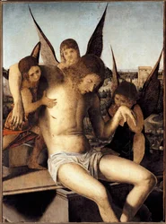 Pieta med tre engler Den døde Kristus støttet av tre engler på graven hans Maleri av Antonello di Antonio dit Antonello da Messina (1430-1479) 1475 Dim 145* 85 cm Venezia Museo Correr