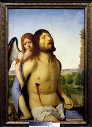 Den døde Kristus støttet av et englemaleri av Antonello da Messina (1430-1479) 1476-1479 Søn. 0,74x0,51 m Madrid, Prado-museet - Den døde Kristus støttet av en engel. Maleri av Antonello da Messina (1430-1479)