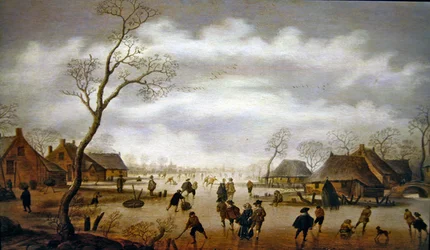 En vinterscene med skatere (olje på panel)
