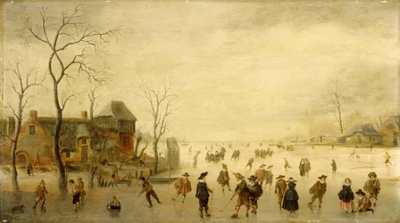 Vinterlandskap med skatere, golfspillere og bønder på frosne vannveier (olje på panel)