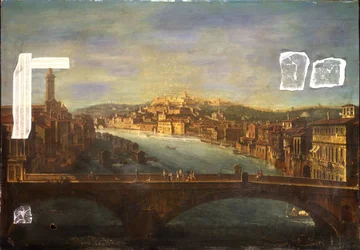 Utsikt over Verona med kirken S. Anastasia, Castel San Pietro, Castel San Felice og Ponte Nuovo over elven Adige, 1735