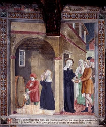 Life of St. Francesca Romana : Et fat vin brukt av helgenen for de fattige blir funnet mirakuløst full (Fresco