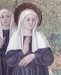 Livet til St. Francesca Romana : Da hun kom tilbake fra St. Pauls basilika, ble helgenen fanget i ekstase, i en bekk, men reiste seg helt tørr, detaljer (Fresco