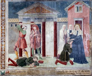 Livet til St Francesca Romana: Helgenen helbreder en mann slått i hjel av fiendene sine (fresco