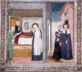 Livet til St. Francesca Romana : Helgenen helbreder en mann som mistet beinet (Fresco