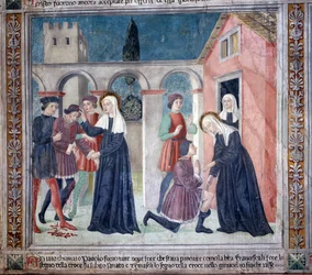 Livet til St. Francesca Romana : Helgenen helbreder en såret mann (Fresco
