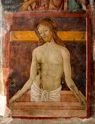 Pieta Jesu Kristi aureol er merket med et kors. Detalj av en freskomaleri av Antonio Aquili detto Antoniazzo Romano (aktiv rundt 1461-1508) Klosteret Saint Benoit fra 1400-tallet (Sacro Speco), Subiaco (Roma), Italia