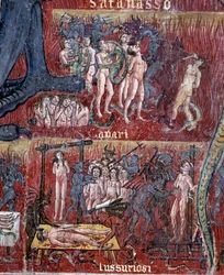 Djevelen i helvete, detalj i sirkelen av begjær og grådighet (Fresco