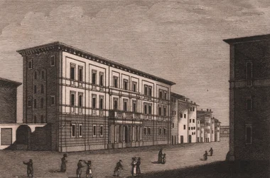 Utsikt over Episcopal Palace i Pistoia, Toscana, Italia, kobberstikk av Antonio Morghen (1788-1853), ca. 13x9,5 cm