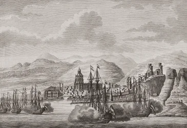 Den nederlandske flåten utenfor Malaga, Spania 1784 skyter salutt. (skrive ut)