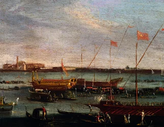 Bucentaur (statlig bysse for dogene i Venezia) ved Lido i Venezia, olje på lerret, School of Canaletto, Italia