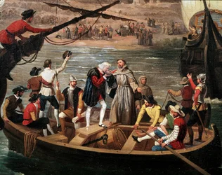 Santa Marias, Pintas og Ninas avreise fra Palos i 1492 - De tre karavellene til Kristoffer Columbus (1451-1506) drar fra Palos den 03/08/1492, detalj. Maleri av Antonio Cabral y Bejarano (1798-1861). Palos de la Frontera. Rabida