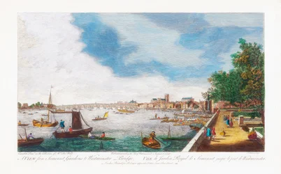 En utsikt fra Somerset Gardens til Westminster Bridge, gravert av John Miller, 1750