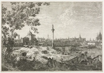 Panorama av en by ved en elv.