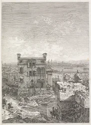 Utsikt: Et hus omgitt av seks søyler, 1735-1746.