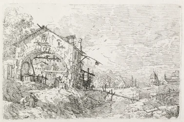 Visninger: En kvinne som tegner vann under en bue, 1735-1746.