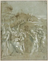 Jomfru Maria, de hellige kvinnene og de hellige Johannes, Jakob og Josef fra Arimatea med Kristus på veien til Golgata
