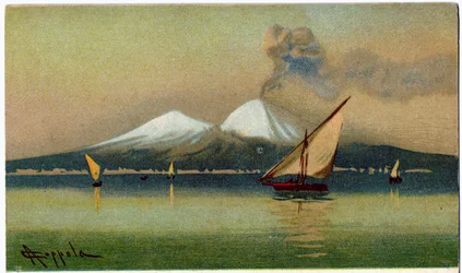 Geografi. Vulkanen Vesuv og Napolibukta. Illustrasjon av A. Coppola, Italia, ca. 1920 (postkort)