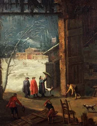 Vinteren, ankomsten av en adelsmann til villaen, av Antonio Diziani (1737-1797), maleri. Detalj.