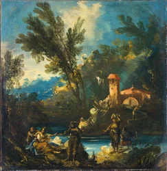 Et skogkledd elvelandskap med figurer