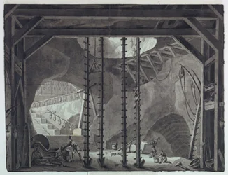 Scenedesign, menn som bygger bygning i hule
