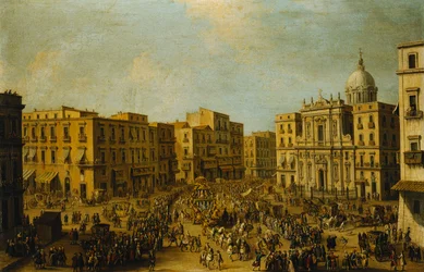 Largo San Ferdinando, Napoli, ved karnevalstid med den kongelige vognen som nærmer seg Palazzo Reale,