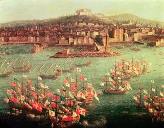 Flåten til kong Charles III (1716-88) av Spania før byen Napoli, 6. oktober 1759 (olje på panel)
