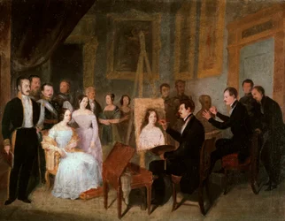 Dodge i sitt studio maler portrettet av dronning Isabella II av Spania (1830-1904). Maleri av Antonio Maria Esquivel (1806-1857)