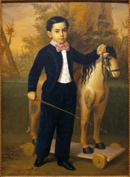 Portrett av en liten gutt med en trehest. Maleri av Antonio Maria Esquivel (1806-1857), Olje på lerret, ves 1851. Museum of Fine Arts i Sevilla, Spania.