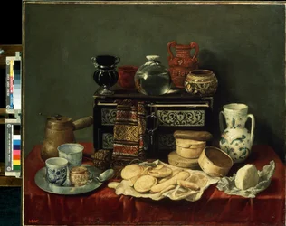 ""Still Life with an Ebony Chest"" (Still Life with an Ebony Chest) Oster, servise, mugge, serviett, krukker, kaffekvern og honningskje. Maleri av Antonio de Pereda y Salgado (1611-1678) 1652 Mål 80x94 cm Saint Petersbou Hermitage Museu