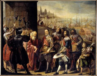 War of Valtelina: "" utfrielsen av gener av markisen av Santa Cruz i 1625"" Maleri av Antonio de Pereda (1599-1669)