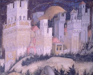 St George og prinsesse, by med tårn, av Antonio Pisanello (1395-1455), freskomaleri, Basilica of St Anastasia, Verona