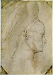 Ung kvinnes hode, i profil til høyre. Tegning av verkstedet til Antonio di Puccio Pisano dit Pisanello (1395-1455). Brunt blekk, svart stein, fjær. Mål: 24,6x17,2 cm. Louvre, Cabinet dessins.