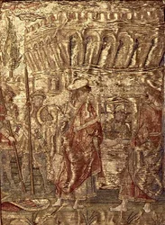 Disiplene på besøk til døperen Johannes i fengselet, billedvev som viser scener fra helgenens liv (tekstil)