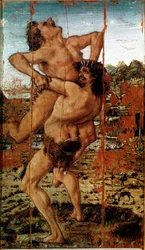 De tolv verkene til Hercules: "" Heracles (Hercules) Lift the Giant Ante"" Maleri av Antonio Benci kalt The Pollaiolo (Pollaiuolo) (1431-1498)