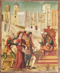 Kristus før Herodes, venstre panel fra Retable of the Passion, 1517-20 (tempera på panel)