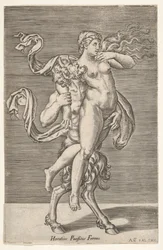 Satyr som bærer en nymfe, hvis høyre arm er viklet rundt satyrens hals, med en ..., ca. 1505-62.