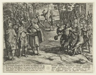 De gamle bataviske mennene kjøper av seg tjenesten til romerne, 69-70 The Batavian Revolt (serietittel) Batavorum cum Romanis Bellum, à Corn. Tacito / The Batavian Oft Oude Hollandtsche Krijghe teghen de Romeynen (serietittel på objekt)