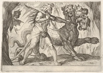 Hercules og Cerberus: Hercules griper kragen til Cerberus, to demoner dukker opp til venstre..., 1608.