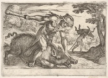 Hercules and the Boar of Erymanthus: Hercules holder ned villsvinens tryne med venstre ha..., 1608.