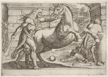 Hercules and the Mares of Diomedes: Hercules griper tøylen til en oppveksthest, en sekund..., 1608.