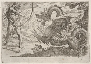 Hercules and the Serpent Ladon: Hercules trekker buen, den oppdrettende slangen dukker opp i pro..., 1608.