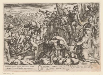 Josaphat takker Gud for hans seier Iosaphat prece vincit et thesauris potitur (tittel på objekt) kampscener fra Det gamle testamente (serietittel)