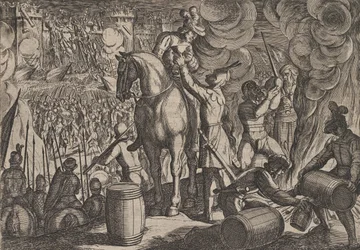 Plate 13: Angrep på den romerske festningen om natten, fra The War of the Romans Against the Ba..., 1611.