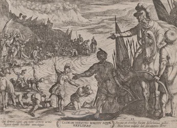 Plate 13: Gideon velger sine soldater, fra 'The Battles of the Old Testamen..., ca. 1590-ca. 1610.