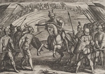 Plate 22: Civilis skiller tyske og nederlandske tropper, fra The War of the Romans Against th..., 1611.