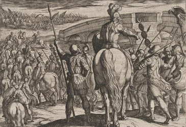 Plate 24: Forhåndsvakten til de nye romerske troppene vendte tilbake, fra The War of the Roman..., 1611.