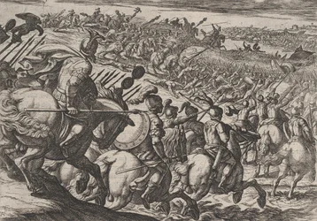 Plate 25: Den romerske sjefen Cerialis angrep nær Trier, fra The War of the Romans Agai..., 1611.